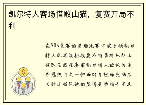 凯尔特人客场惜败山猫，复赛开局不利