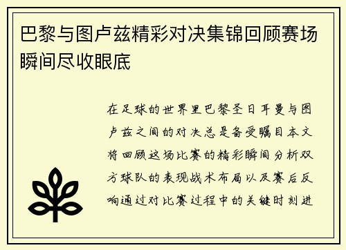 巴黎与图卢兹精彩对决集锦回顾赛场瞬间尽收眼底